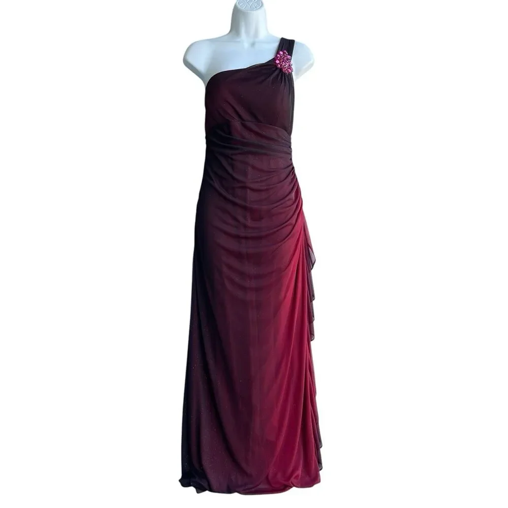 Vtg Blondie Nites Gothic Gown Red Black Ombre One Shoulder Grunge Dress Size 11